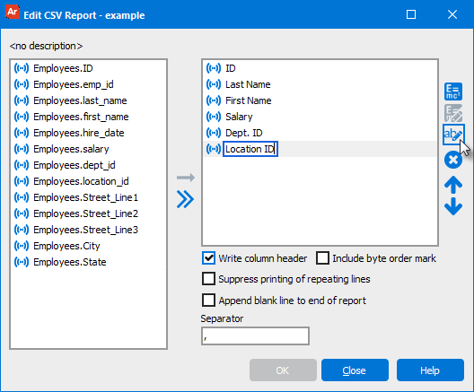 The Edit CSV Report dialog with various database fields selected to be included in the report. One of the field names has been selected for editing. The Edit Name button is highlighted on the right side.